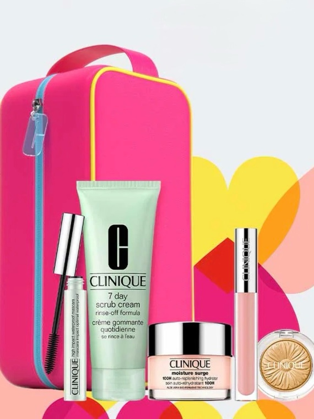 NWT Clinique Vacation Glow Essentials with Bright Pink Travel Cosmetic Bag.